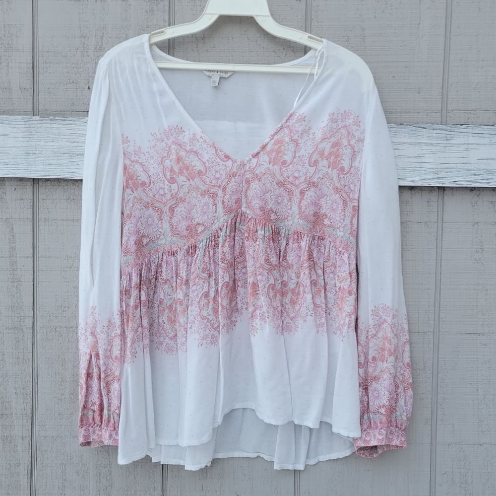 Lucky Brand Babydoll Silhouette Polka Dot Mixed Paisley Print Top Blouse XS